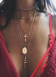 Multilayers Gold Chain with Rose Flower Coin Pendant Necklace Bohemian Jewelry for Women Love Gift8716464