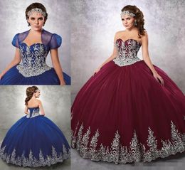 Burgundy Beaded Ball Gown Quinceanera Dresses Sweetheart Neckline Appliques Prom Gowns With Jacket Tulle Laceup Back Sweet 16 Dre4019732