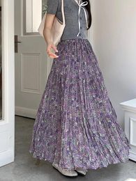 Skirts Women Purple Flower Elastic High Waist A-line Pleated Long Skirt Spring Summer Beach Fashion Versatile Trendy Bohemian