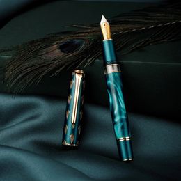 Hongdian N7 Resin Piston Fountain Pen EF/F/M/Long Knife Nib Beautiful Green / Gray Peacock Totem Cap Writing Office Gift Ink Pen 240417