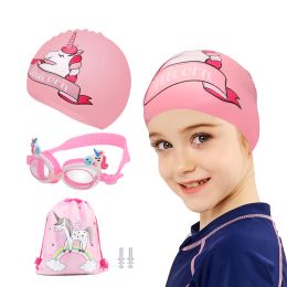 Accessories 4 Pack Kids Swim Caps for Long/Short Hair Girl Toddler Swimming Goggles Silicone Swim Cap Ear Plug with Ear Plugs & Storage Bag