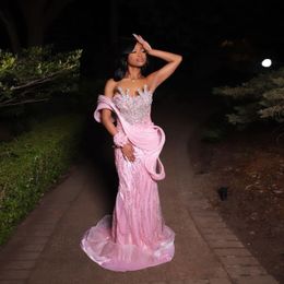 Sparkly Pink Mermaid Prom Dress 2024 For Black Girls Crystal Beads Sexy Evening Dresses Red Carpet Gowns Elegantes Para Mujer 2024