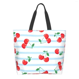 Shopping Bags Cherries Extra Large Grocery Bag Blue And White Stripes Reusable Tote Travel Storage