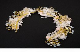 A Luxury Bride Hair Accessories Pink Flower Crystal Bridal Headband Pearl Floral Beach Wedding Tiara Hair Jewellery Headpiece Party68269705