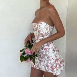 Tube Top Floral Print Slim Fit Big Backless Dress Casual Holiday Style Sexy Girl Short Skirt For Women