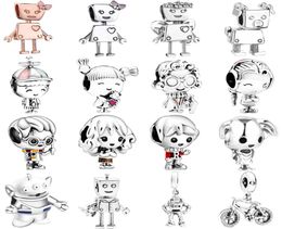 New Robot Dog 925 Sterling Silver Charm Boy Girl Enamel Pendant Bead Fits Bracelet DIY for Women Jewelry Accessories No0132935028