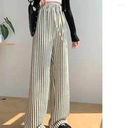 Women's Pants Autumn And Winter Elastic Waist Drawstring Striped Wide Leg 2024 High Waited Loose Pockets Casual Floor Length