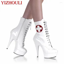 Dance Shoes White Model Stage Performance Female Boots Low Baking Paint Platform 15-20 Cm High Heel