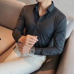 Men's Casual Shirts Fashion Classic Solid For Men Spring Ice Silk Long Sleeve Basic Turn-Down Collar Male Slim Y36