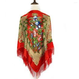 Scarves 130 130cm Russian Square Scarf For Women Ethnic Style Floral Print Ukrainian Fringed Shawl Babushka Bandana Head Wraps