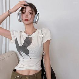 Women's T Shirts Spicy Girl Round Neck Short T-shirt 2024 Summer Butterfly Print Sweet Sleeve Tops Ins Y2k Trend Ladies Tees