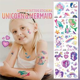 Tattoo Transfer Glitter Fairy Mermaid Unicorn Tattoo Sticker Kids Temporary Waterproof Face Arm Body Art Fake Tattoos Children Festival Makeup 240426