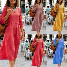 Womens Large Size Loose Cotton And Linen V Neck Three Quarter Sleeve Casual Dress With Side Zipper