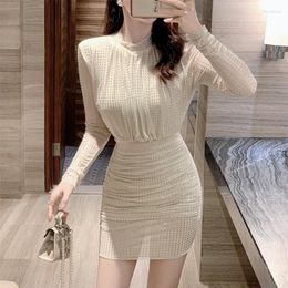 Casual Dresses 2024 Spring Summer White Mesh Diamonds Pencil Mini Dress Runway Women Stand Collar Long Sleeve Folds Slim Bodycon Clothes