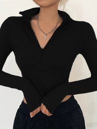 solid Colour casual Tshirt women long sleeves turtleneck crop tops sexy simple style party club spring summer 240417