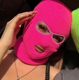 BeanieSkull Caps Shining Diamond Balaclava Face Mask Women Pink Sport Knitted Fleece Ski For Three Hole Hat Shiny Rhinestone1896985