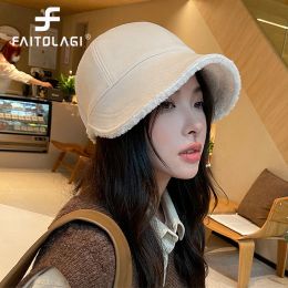 Softball Thick Plush Women Equestrian Cap Winter Warm Ear Protection Bonnet Soild Colour Large Brim Female Visors Korean Fashion Sun Hat