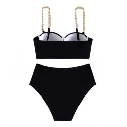 Set Push Up Bikini Hard Wrap Top Underwire Chain Shoulder Straps High Waist Bottom Swimwear Women Solid Swimming Beach Bathing Suit