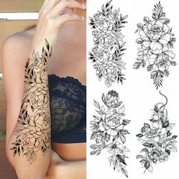 Tattoo Transfer Black Flower Temporary Tattoos Sticker Arm Sleeve Rose Moon Butterfly Snake Henna Body Decorate Realistic Fake 3D Women Totem 240426