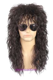 Mens mullet dark brown long curly hair 80s punk rock Halloween role-playing wig