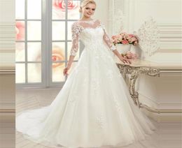 Three Quarter Sleeve Lace Applique Wedding Dresses See Through Aline Buttons Back Bridal Dress robe de soiree longue3489032