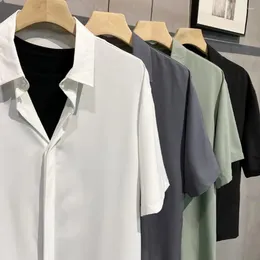 Men's Casual Shirts Men Shirt Stylish Ice Silk With Hidden Buttons Turn-down Collar For Business Wear Short Sleeves Loose