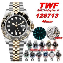 TWF Luxury Watches TW 40mm 904L 126713 Date GMTMaster II 3285 Automatic Mens Watch Sapphire Black Dial 18K Gold Two-Tone Stainless Steel Bracelet Gents Wristwatches