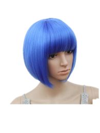 Wigs FeiShow Short Wavy Wig Flat Bangs Bob Blue Hair Synthetic Heat Resistant Fibre Carnival Party Salon Costume Cosplay Hairpiece