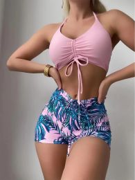 Set Tropical Print Drawstring Bikini 2023 Women High Waist Swimsuit Tie Front Shorts Swimwear Female Bathing Suit Swimming Summer