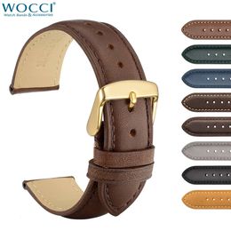 Wocci Vintage Leather Watch Strap 14 16 18 19 20 21 22 23 24mm Leather Watchband Rose Gold Buckle for Men Women Replacement Band 240409