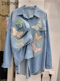 Women's Blouses Heavy Embroidery Drilling Denim Shirts Female 2024 Spring Summer Butterfly All-Matching Lapel Loose Mid-Length Women Tops