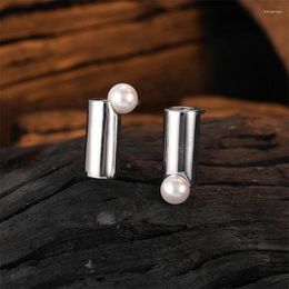 Stud Earrings 925 Sterling Silver Cylindrical Pearl For Women Fashion Simple Original Design Party Jewellery Gift