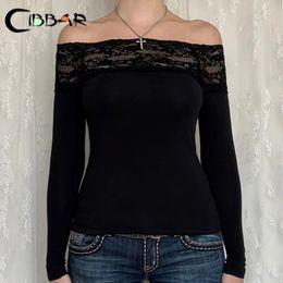 CIBBAR Black Lace Stitched Slash Neck Crop Top Elegant Sexy Skinny Long Sleeve T Shirts for Women Harajuku Y2k Autumn Tees Basic 240417