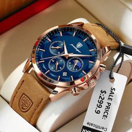 Wristwatches Poedagar genuine leather mens fashionable luminous calendar stop clock waterproof moon phase quartz watch Q240426