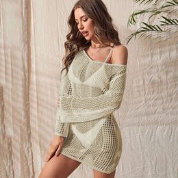 New Swimsuit Cover Up Beach Skirt Knitted Hollow Backless Sexy Long Sleeved Buttocks Wrapped Bikini for Women