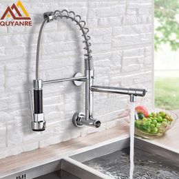 Wall Mounted Spring Kitchen Faucet Pull Down Sprayer Dual Spout Single Handle Mixer Tap Sink Faucet 360 Rotation Kitchen Faucets212b