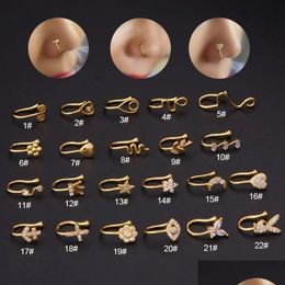Gold Fake Piercing Clip Nose Ring Cuff Body Jewellery For Women New Trend Ear Cuffs Heart Cross Flowers Rings 22 Styles Drop Delivery Dhsrk