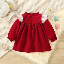 Girl's Dresses Spring And Autumn Girls Bow Tie Long Sleeve Holiday Red Dress Baby Twilight Cloud Yarn Lace Corduroy Sweet Baby Dress