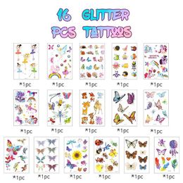 MHE1 Tattoo Transfer 16Pcs Kids Glitter Tattoo Sticker Set Cartoon Waterproof Ink Decal Butterfly Unicorn Animals Tattoo Decor for Birthday Party 240427