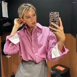 Women's Blouses Women Stripe Print Pink Loose 2024 Vintage Turn-down Collar Long Sleeve Shirts Single Breasted Casual Top