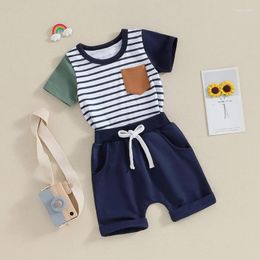 Clothing Sets Toddler Baby Boy Summer Clothes Stripe Color Block Patchwork Short Sleeve T-Shirt Elastic Waist Shorts Set