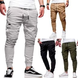 Pants Men's Jogging Pants Denim Flip Pocket Side Drawstring Waist Overalls Leisure Elastic Sports Pants Training Tactical Pants