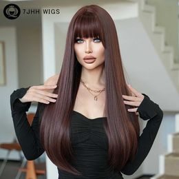 Sentetik peruklar 7jhh peruk yüksek yoğunluklu sentetik mocha kahverengi kadınlar için uygun günlük düz katmanlı saçlar düzgün patlamalar doğal görünüm q240427