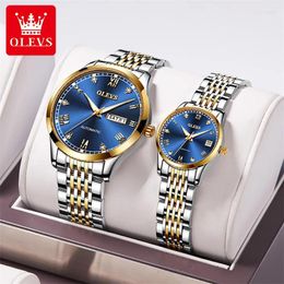 Wristwatches OELVS Brand Couple Mechanical Watch For Men Women Luxury Stainless Steel Waterproof Week Date Luminous Hands Business Watches