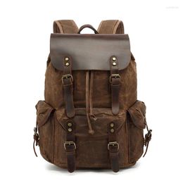 School Bags Casual Oil Wax Canvas Backpacks Vintage Waterproof Large Capacity Travel Bag Women Mochila Leather Laptop Drawstring Rucksack