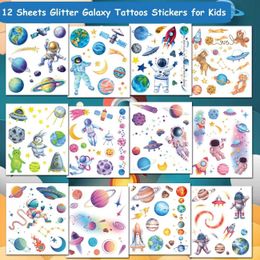 Tattoo Transfer 12 Sheets Glitter Galaxy Temporary Tattoos for Kids Outer Space Tattoo Stickers Cute Party Favors Girls Boys Gifts School Prizes 240427