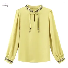 Women's Blouses Shirts & 2024 Summer Tassel Stand Long Sleeve Chinese Style Satin Embroidered Top