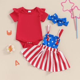 Clothing Sets FOCUSNORM 3pcs Toddler Baby Girls Clothes 0-18M Outfit Short Sleeves Solid Rompers And Star Stripe Suspender Skirt Headband