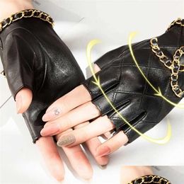 2Pcs Womens Genuine Leather Half Gloves With Metal Chain Skl Punk Motorcycle Biker Fingerless Glove Cool Touch Sn 211224 Drop Deliver Dhcle