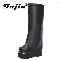 Boots Fujin 12.5cm Chimney Genuine Leather Women Booties Knee High Platform Wedge Heel Spring Autumn Female Fashion Winter Boot